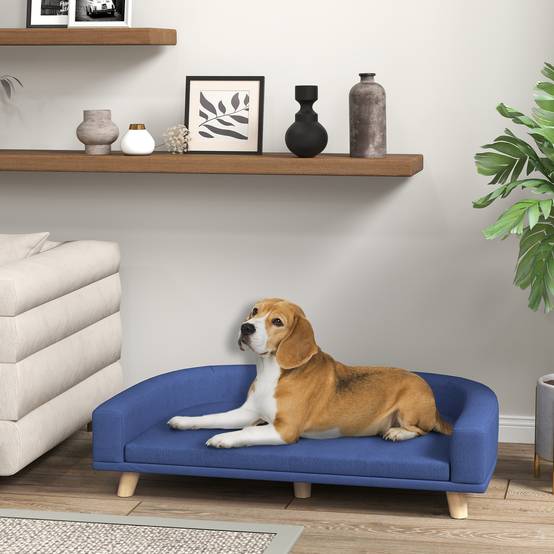 Canapé pour chien grand lit surélevé pour chien coussin lavable cadre en bois tissu polyester 98 x 67 x 25 cm bleu - Image 3