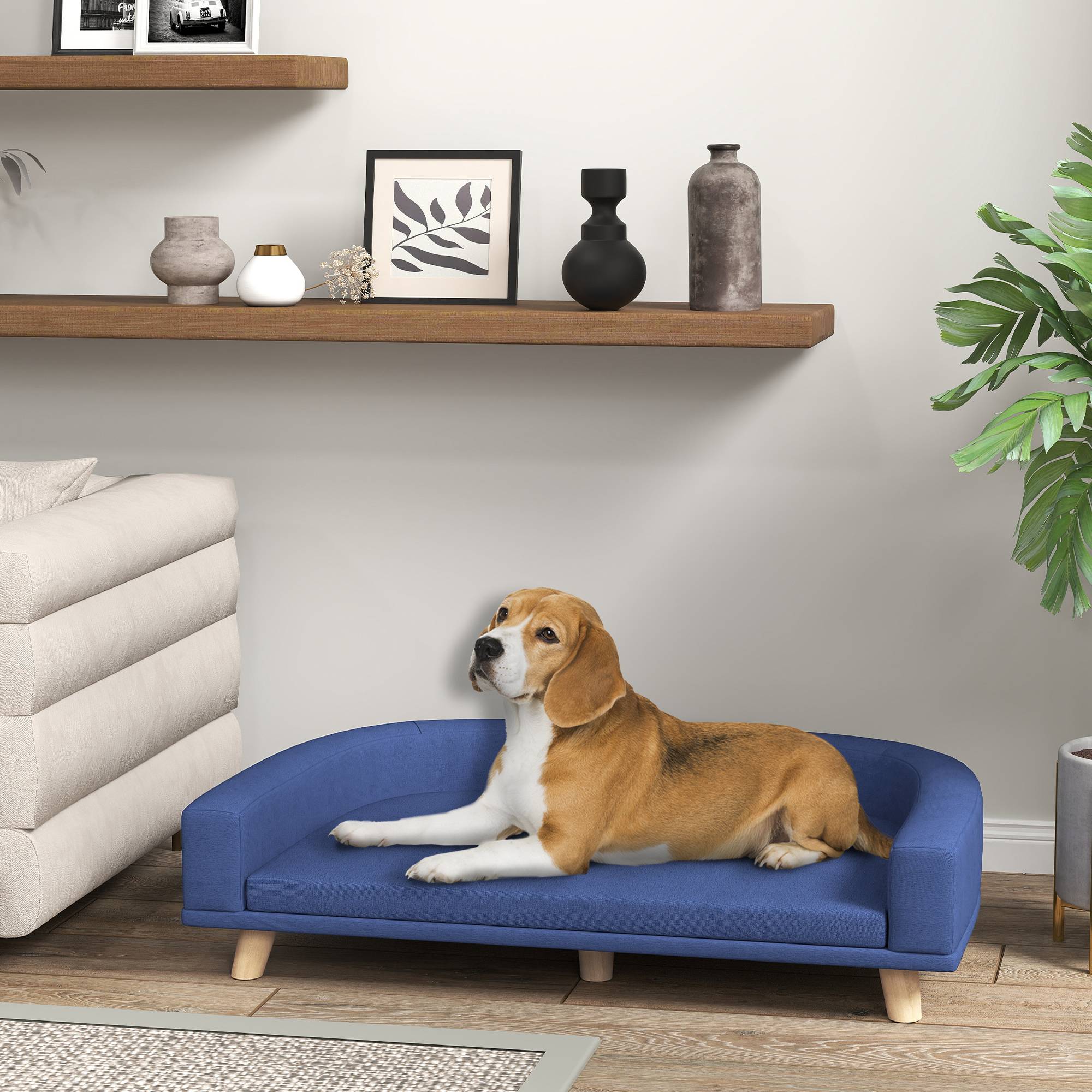Canapé pour chien grand lit surélevé pour chien coussin lavable cadre en bois tissu polyester 98 x 67 x 25 cm bleu - Image 3