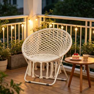 Fauteuil de jardin pliant Macramé Métal Coton Balcon Terrasse Siège rond Beige 77x64x74cm - ComfortXL Outdoor Living