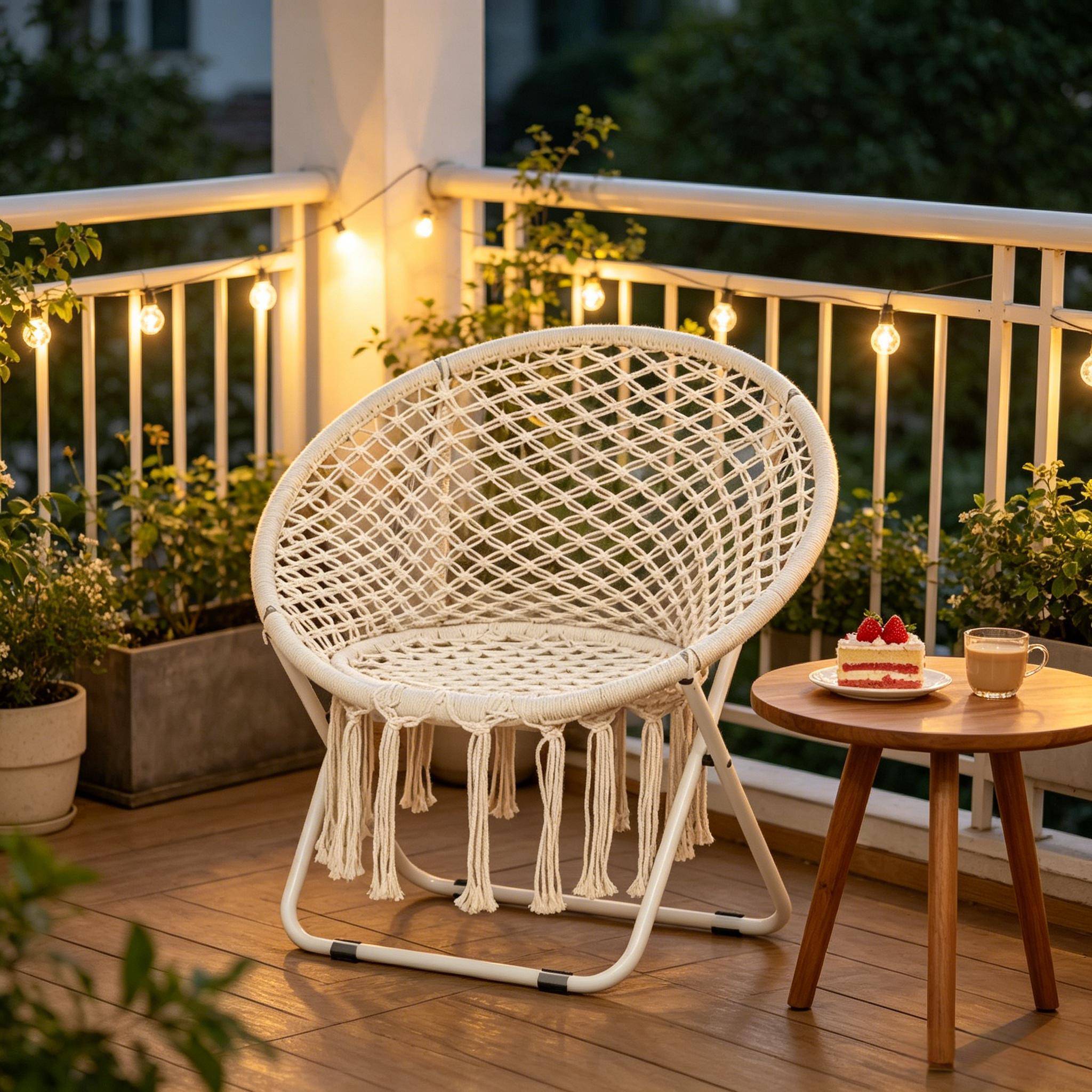 Fauteuil de jardin pliant Macramé Métal Coton Balcon Terrasse Siège rond Beige 77x64x74cm - ComfortXL Outdoor Living - Image 1