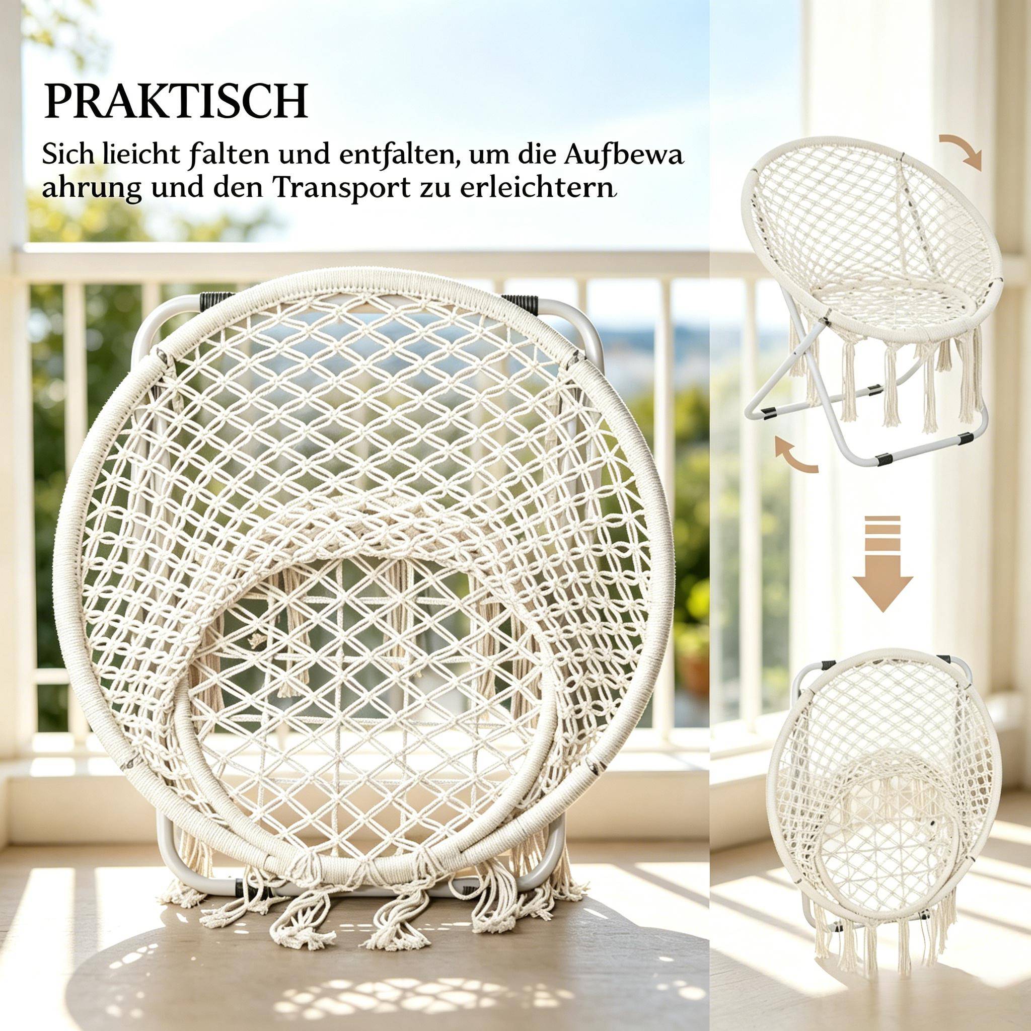 Fauteuil de jardin pliant Macramé Métal Coton Balcon Terrasse Siège rond Beige 77x64x74cm - ComfortXL Outdoor Living - Image 3