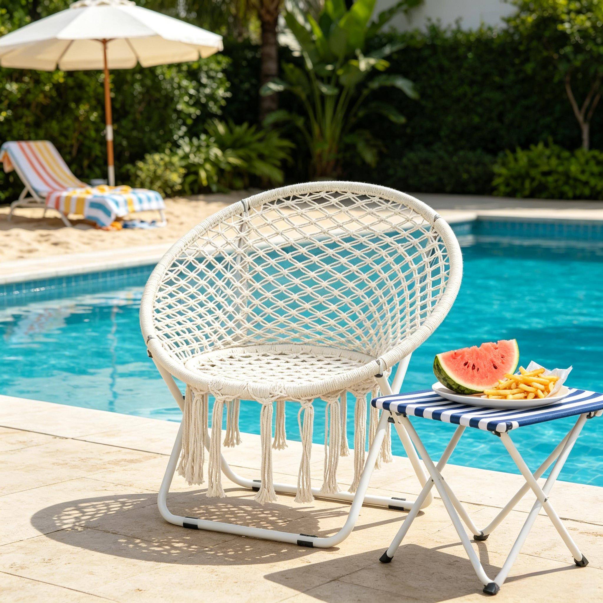 Fauteuil de jardin pliant Macramé Métal Coton Balcon Terrasse Siège rond Beige 77x64x74cm - ComfortXL Outdoor Living - Image 2