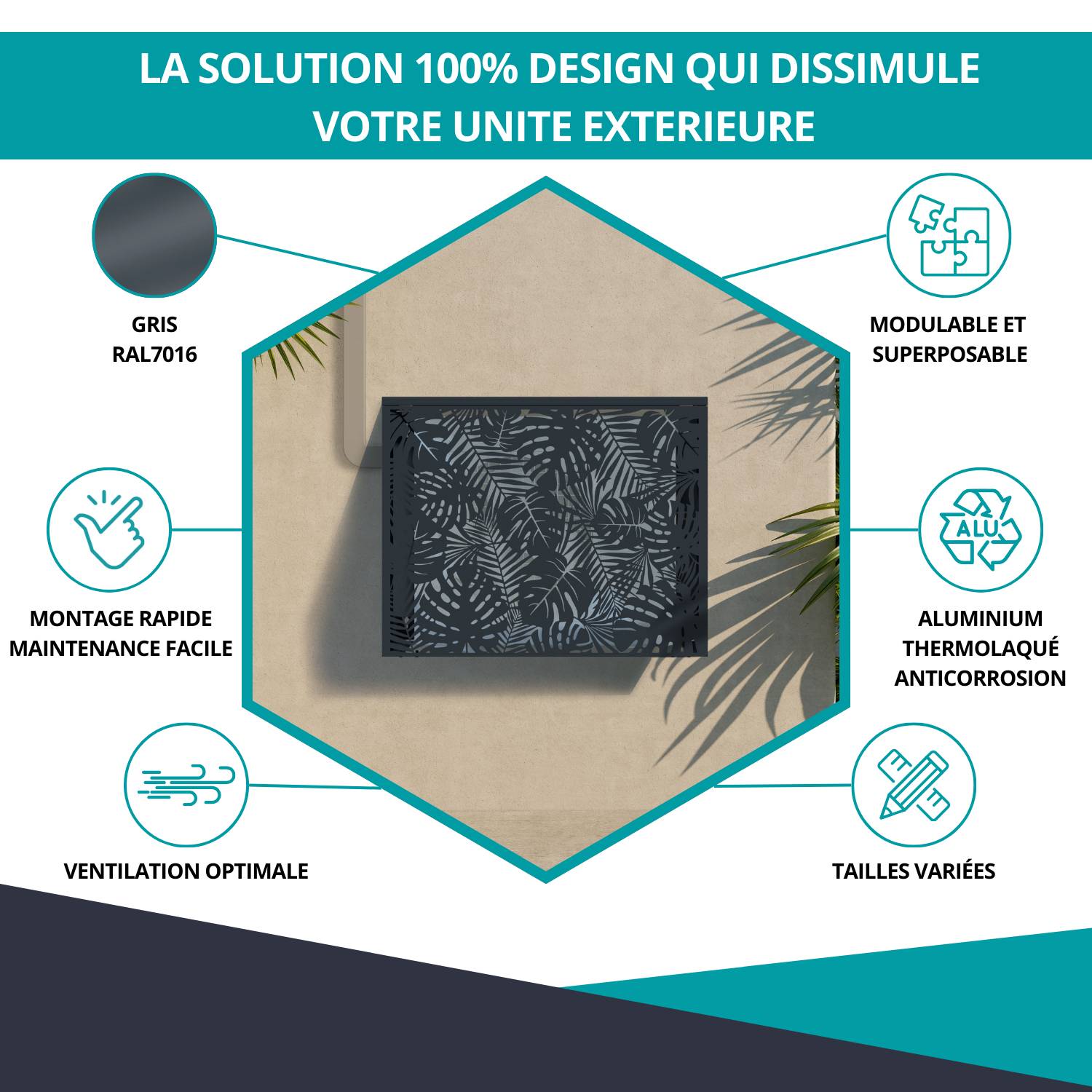 Cache climatiseur, ATOLE en aluminium thermolaqué - Taille 1 : H. 80 x L. 100 x P. 54 cm - Gris anthracite - Image 2