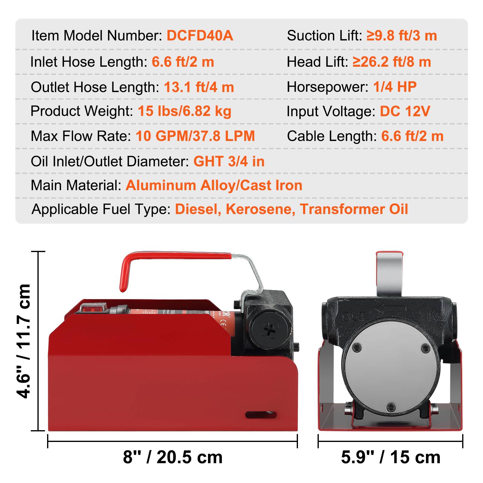 VEVOR Pompe transfert diesel 37,8 L/min, 12V CC, buse arrêt auto, pour diesel/kérosène/huile. - Image 7