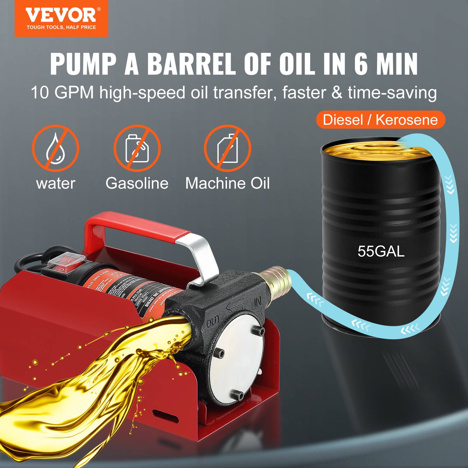 VEVOR Pompe transfert diesel 37,8 L/min, 12V CC, buse arrêt auto, pour diesel/kérosène/huile. - Image 2