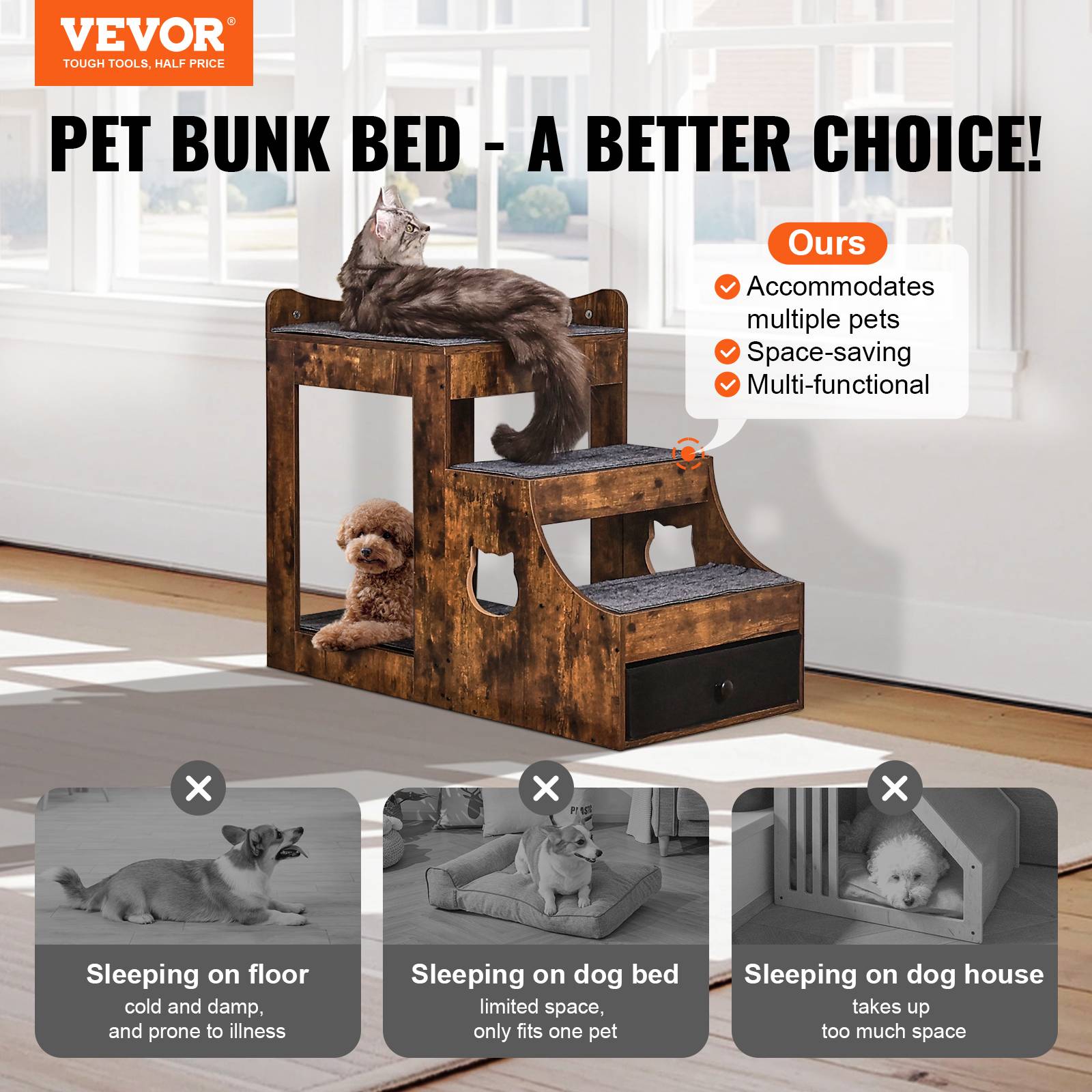 Vevor - VEVOR Lit Superposé pour Animaux Compagnie Chien Chat Escaliers Intérieur Marron - Image 2
