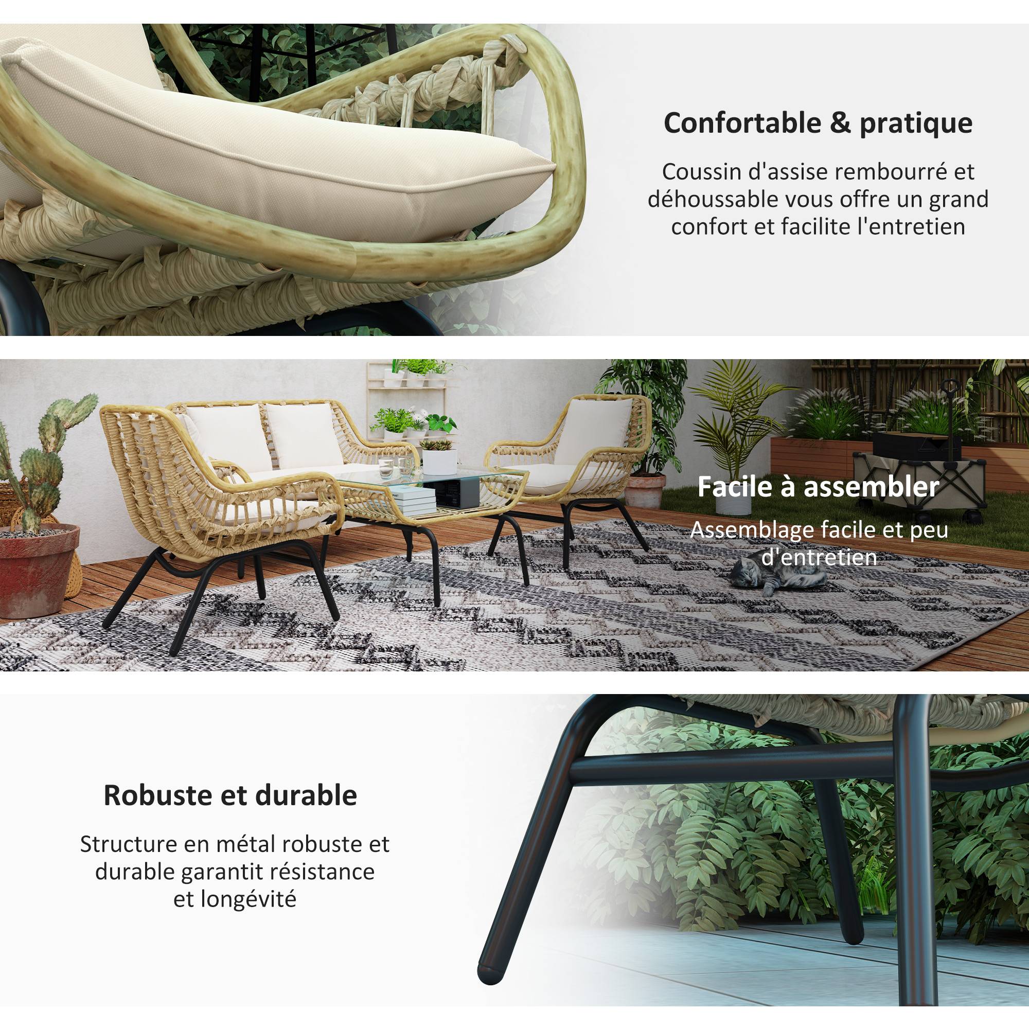 Outsunny - Salon de jardin 4 places 4 pièces style exotique métal résine époxy grand confort coussins polyester beige - Outsunny - Image 5