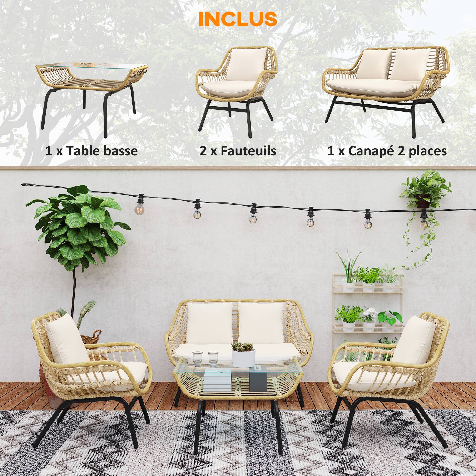 Outsunny - Salon de jardin 4 places 4 pièces style exotique métal résine époxy grand confort coussins polyester beige - Outsunny - Image 4