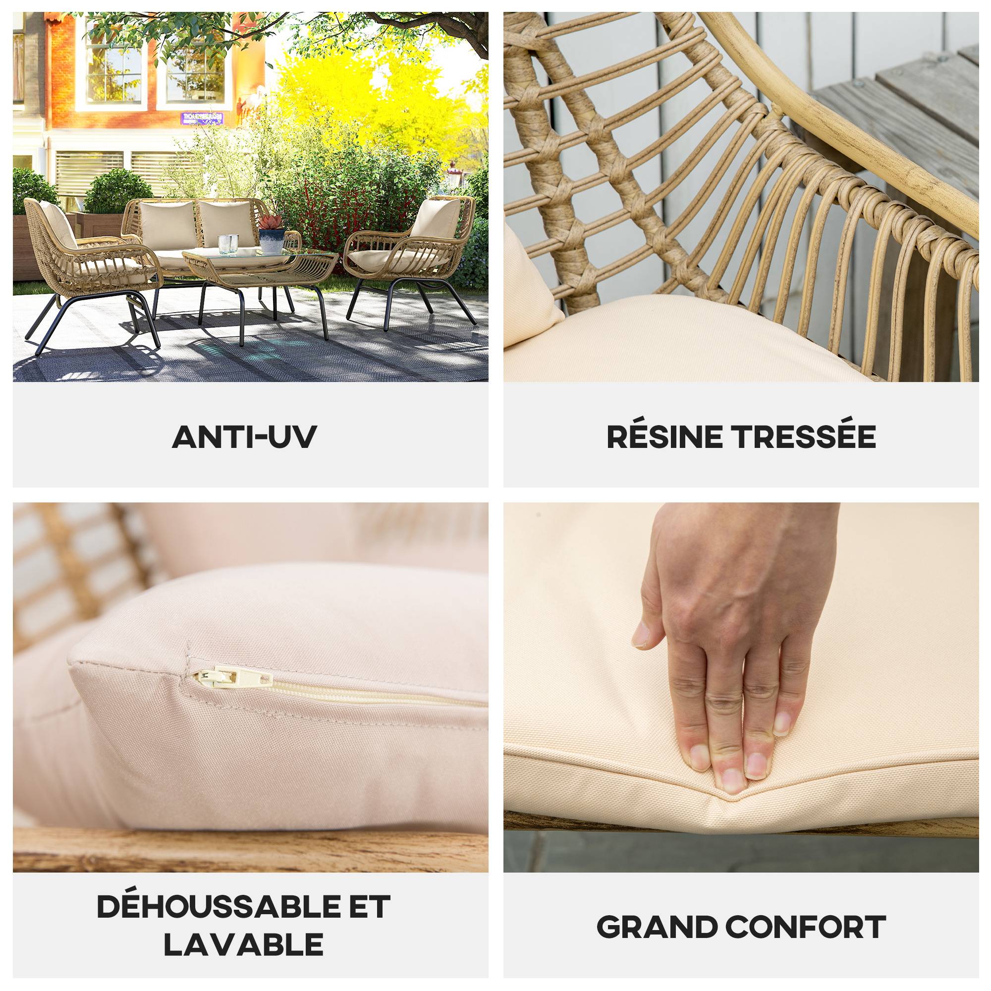 Outsunny - Salon de jardin 4 places 4 pièces style exotique métal résine époxy grand confort coussins polyester beige - Outsunny - Image 6