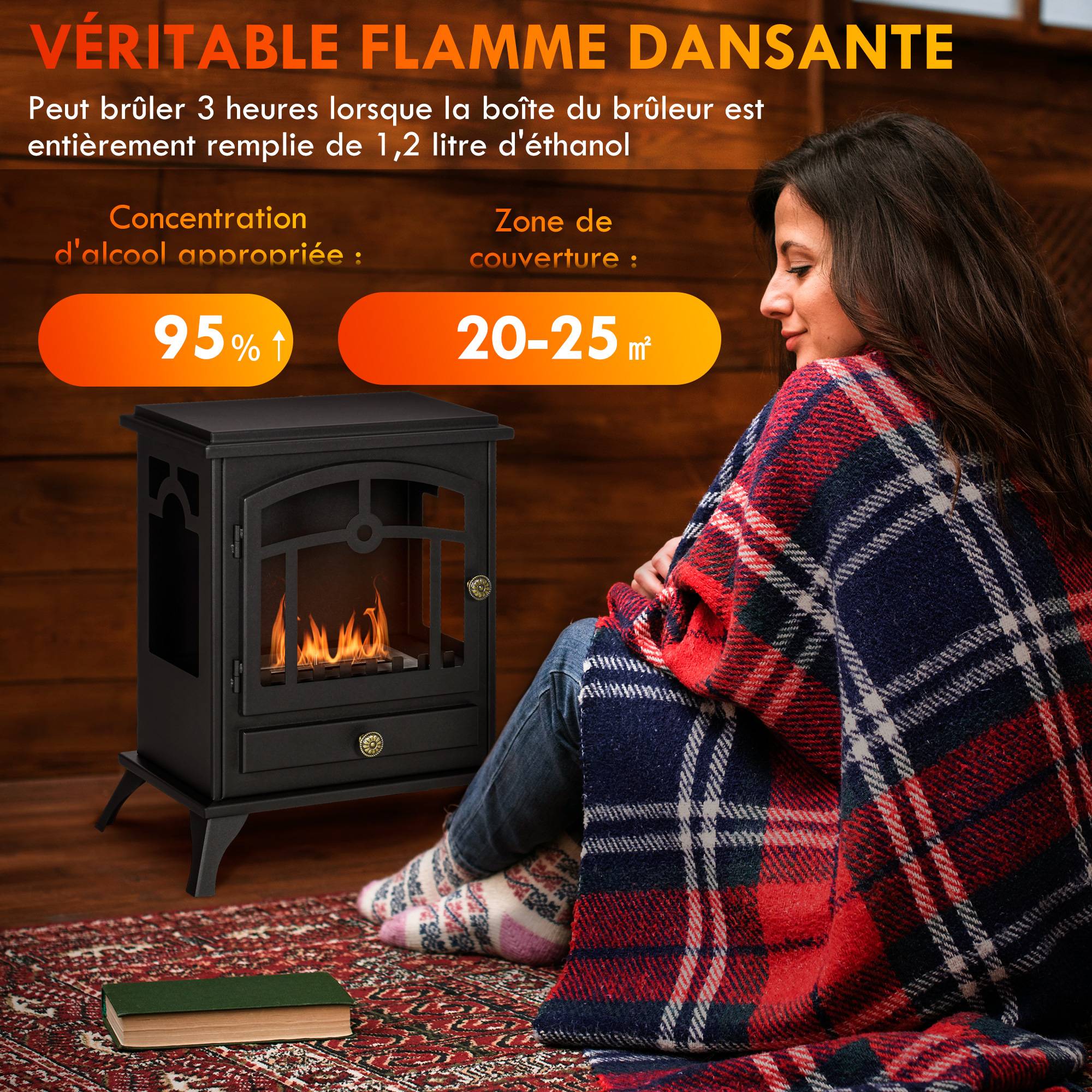 Cheminée bioéthanol sur Pied, brûleur 1,2 L, environ 3 h de durée de combustion Dim. 45L x 28l x 54H cm Acier Noir - Image 6