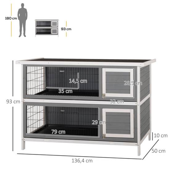 Cage petits animaux pour cobayes et lapins nains, 2 étages, bois, gris - Image 5