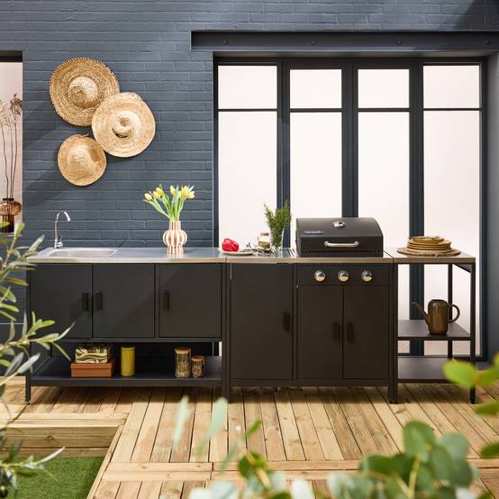 sweeek - Cuisine extérieure Naxos 3 modules acier inoxydable noir avec barbecue gaz 3 brûleurs | sweeek - Image 1