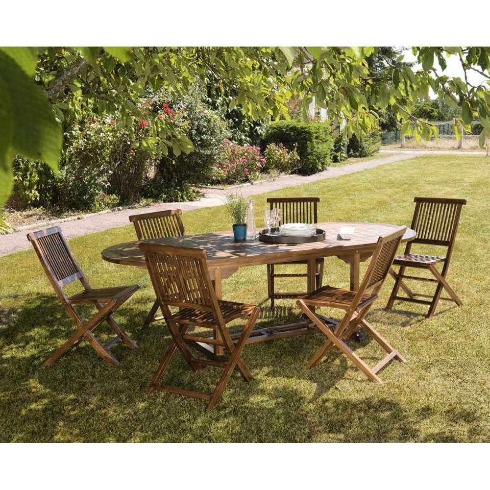 Macabane - MAEVA - Ensemble de jardin bois teck huilé table 180/240cm et 6 chaises - Imagen 2