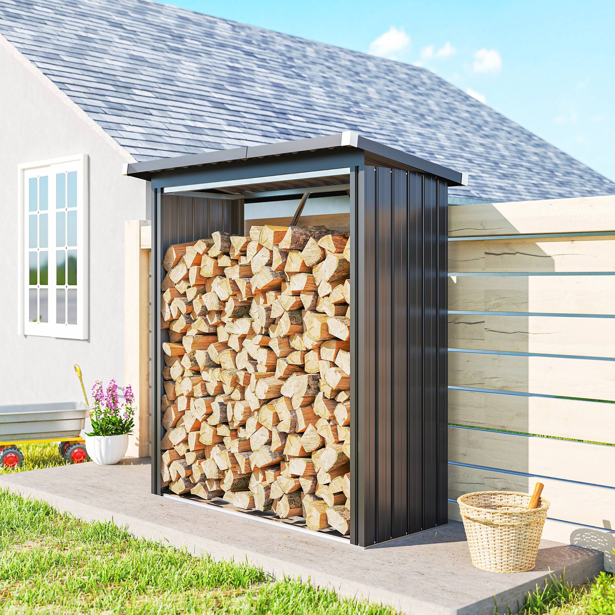 Abri-bûches extérieur acier galvanisé toit incliné ondulé 150x66x150cm gris - ComfortXL Outdoor Living - Image 3