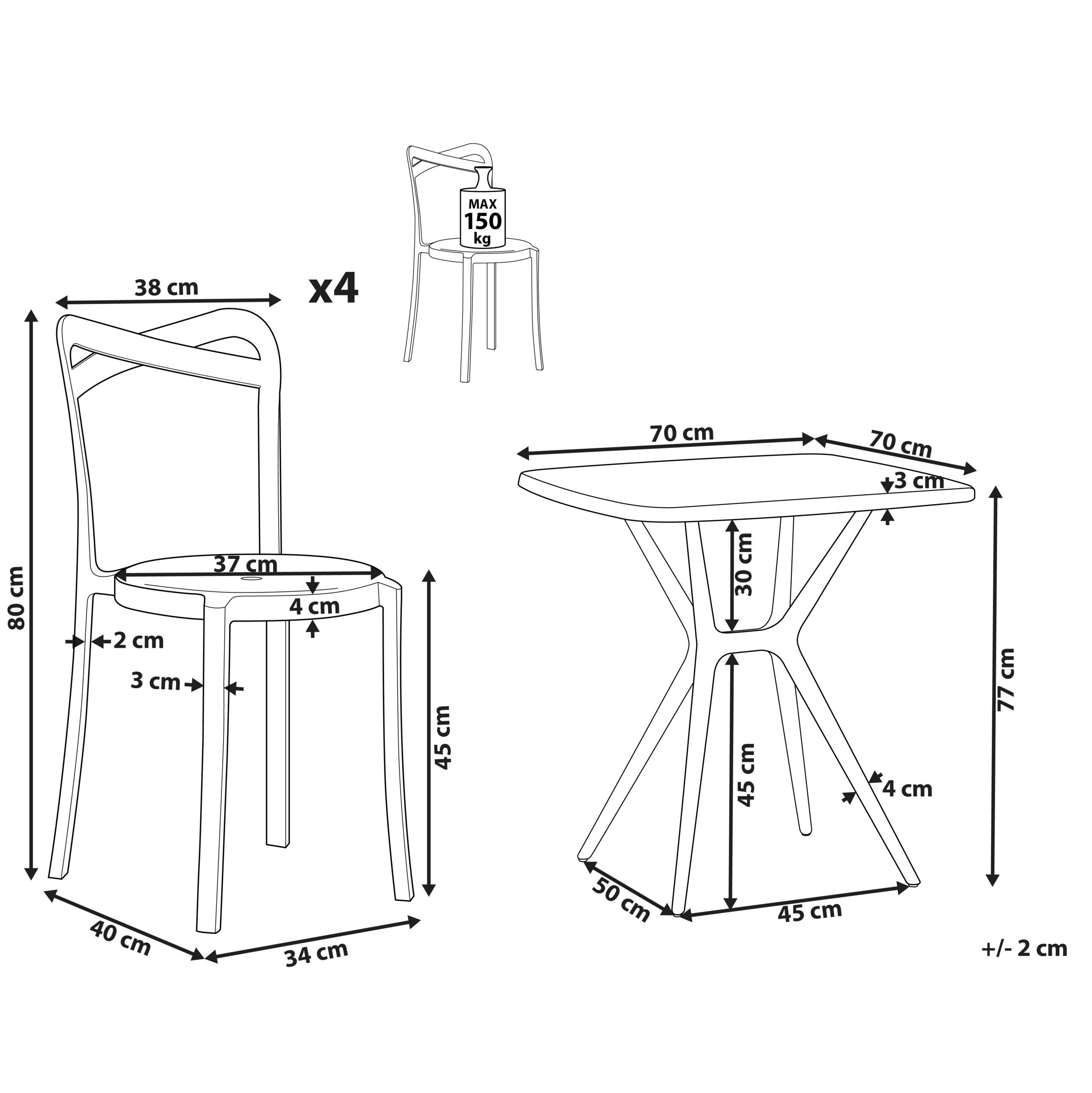 Beliani - Salon de Jardin Noir et Blanc Synthétique à Quatre Chaises Table Carrée Légère pour Extérieur Moderne - Imagen 3