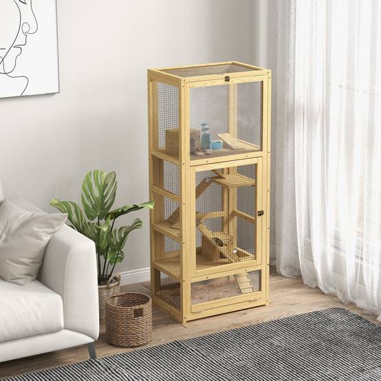 Cage en bois de sapin pour hamsters 5 niveaux avec accessoires de jeux 54x38x131 cm naturel - ComfortXL Outdoor Living - Image 3