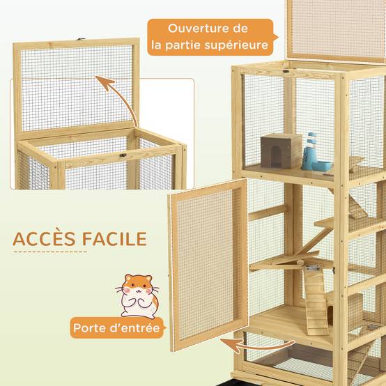Cage en bois de sapin pour hamsters 5 niveaux avec accessoires de jeux 54x38x131 cm naturel - ComfortXL Outdoor Living - Image 7