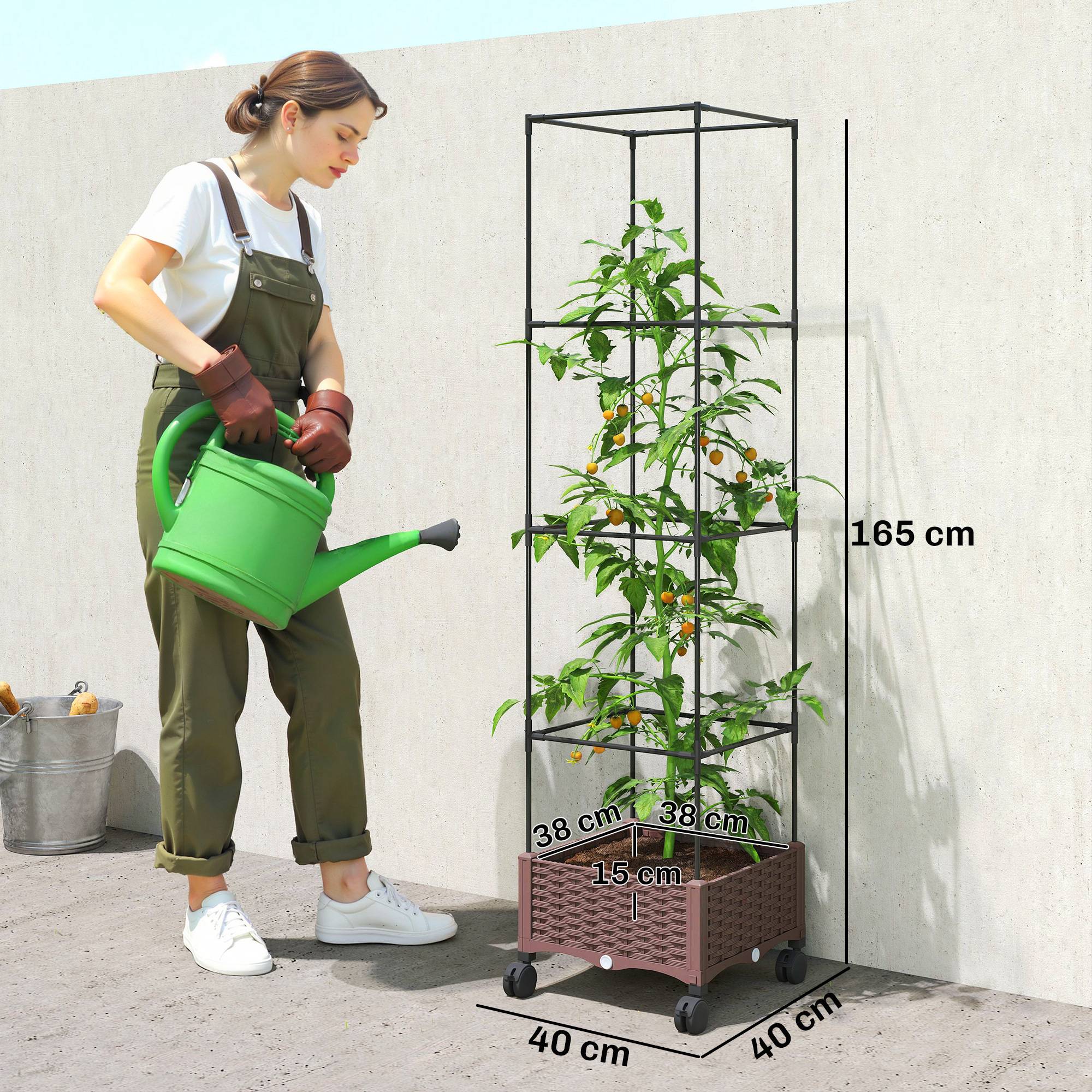 Sans Marque - Jardinière surélevée treillis 20L roues verrouillables arrosage automatique marron - Image 5