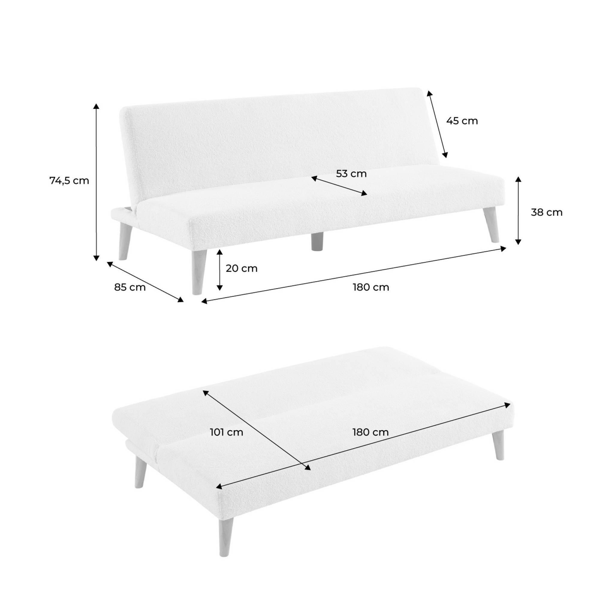 sweeek - Canapé banquette convertible 3 places bouclette blanche piètement bois d'hévéa L 180 x P 100 x H 74.5 cm - Tom | sweeek - Image 3