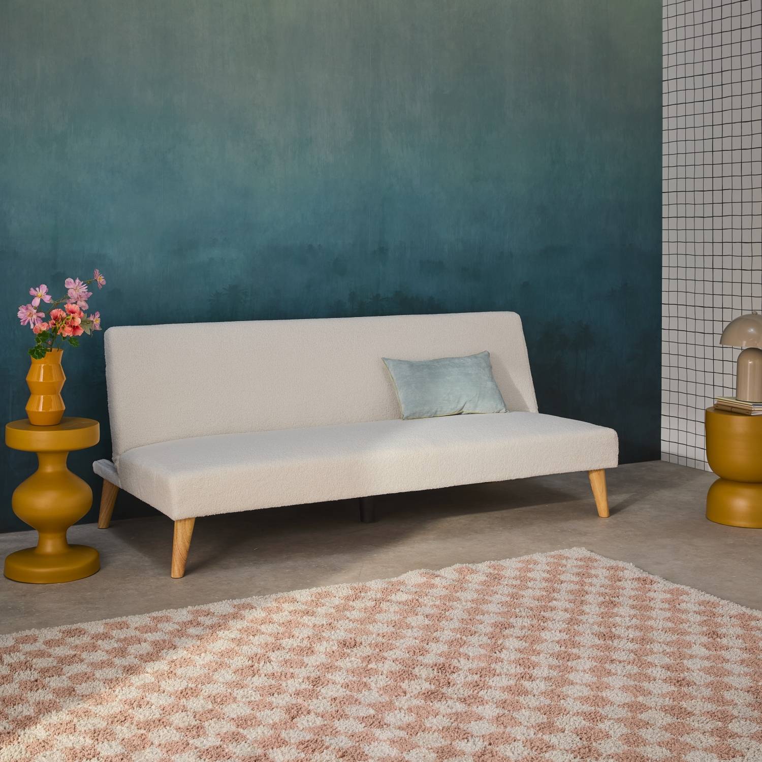 sweeek - Canapé banquette convertible 3 places bouclette blanche piètement bois d'hévéa L 180 x P 100 x H 74.5 cm - Tom | sweeek - Image 1