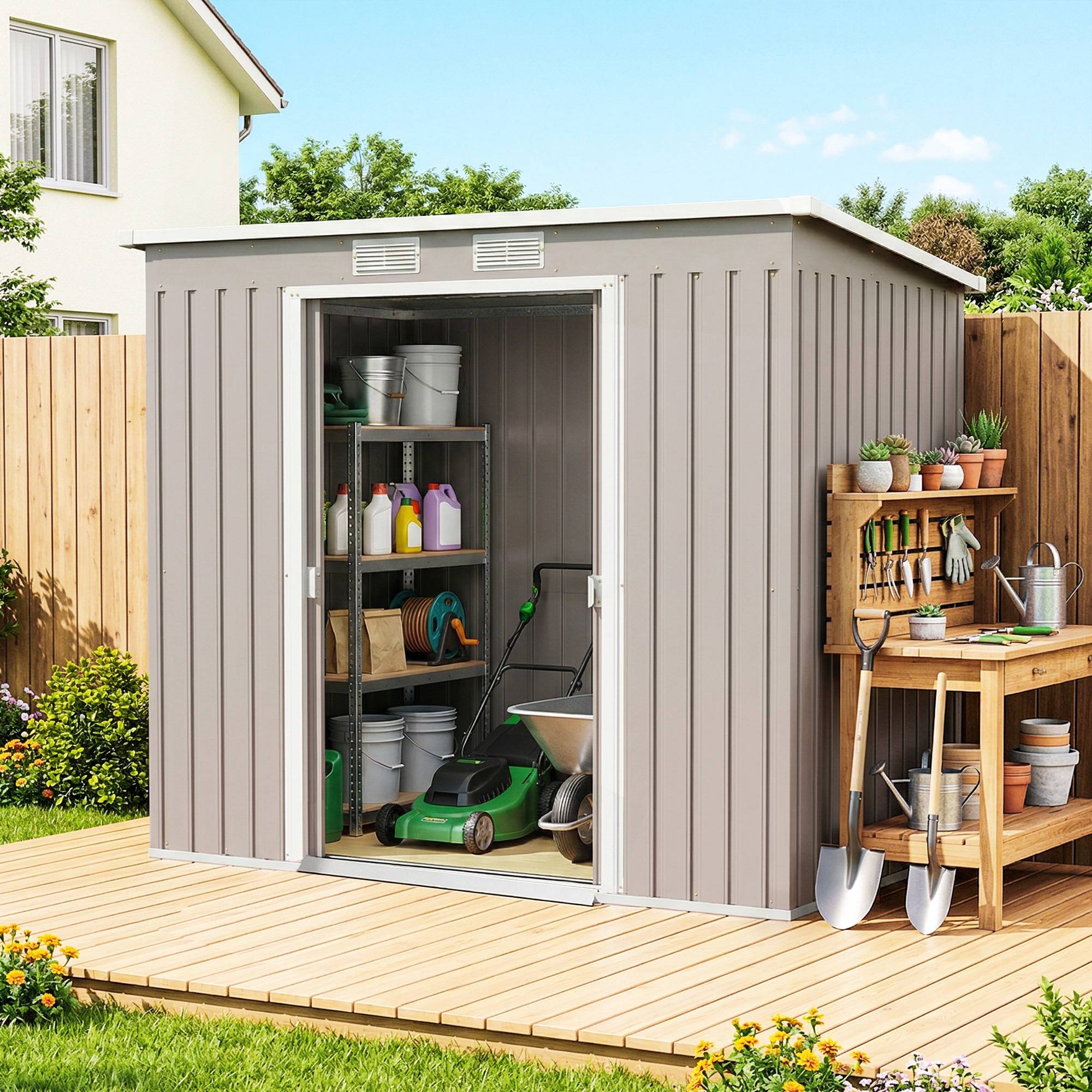 Abri de jardin extérieur 2,42 m² (213 x 130 x 172 cm) avec porte coulissante, toit en pente, base et 2 fenêtres, gris clair - Image 3