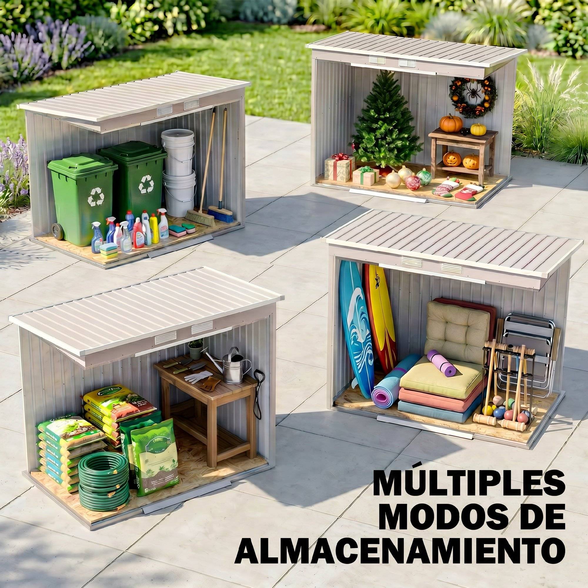 Abri de jardin extérieur 2,42 m² (213 x 130 x 172 cm) avec porte coulissante, toit en pente, base et 2 fenêtres, gris clair - Image 10