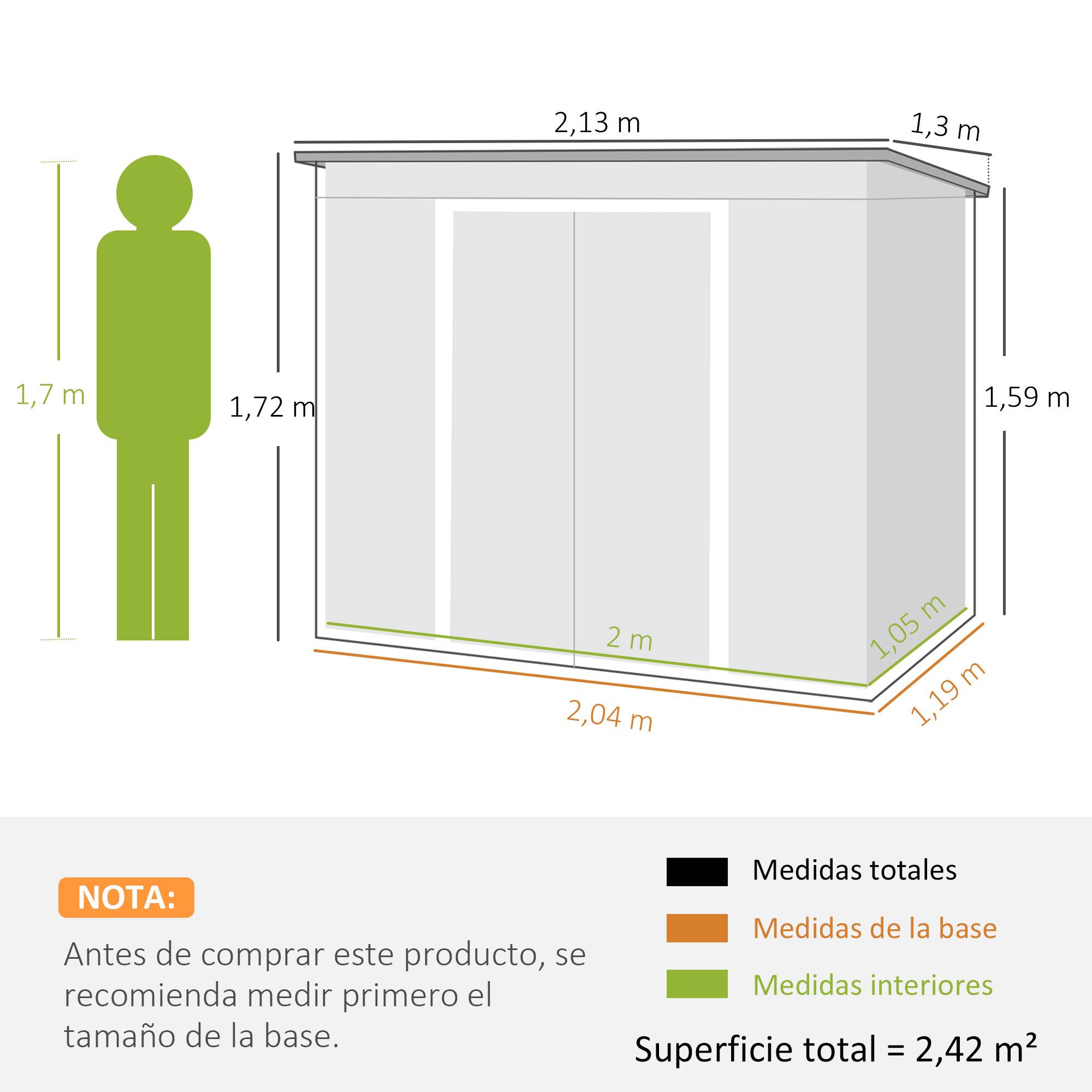 Abri de jardin extérieur 2,42 m² (213 x 130 x 172 cm) avec porte coulissante, toit en pente, base et 2 fenêtres, gris clair - Image 5