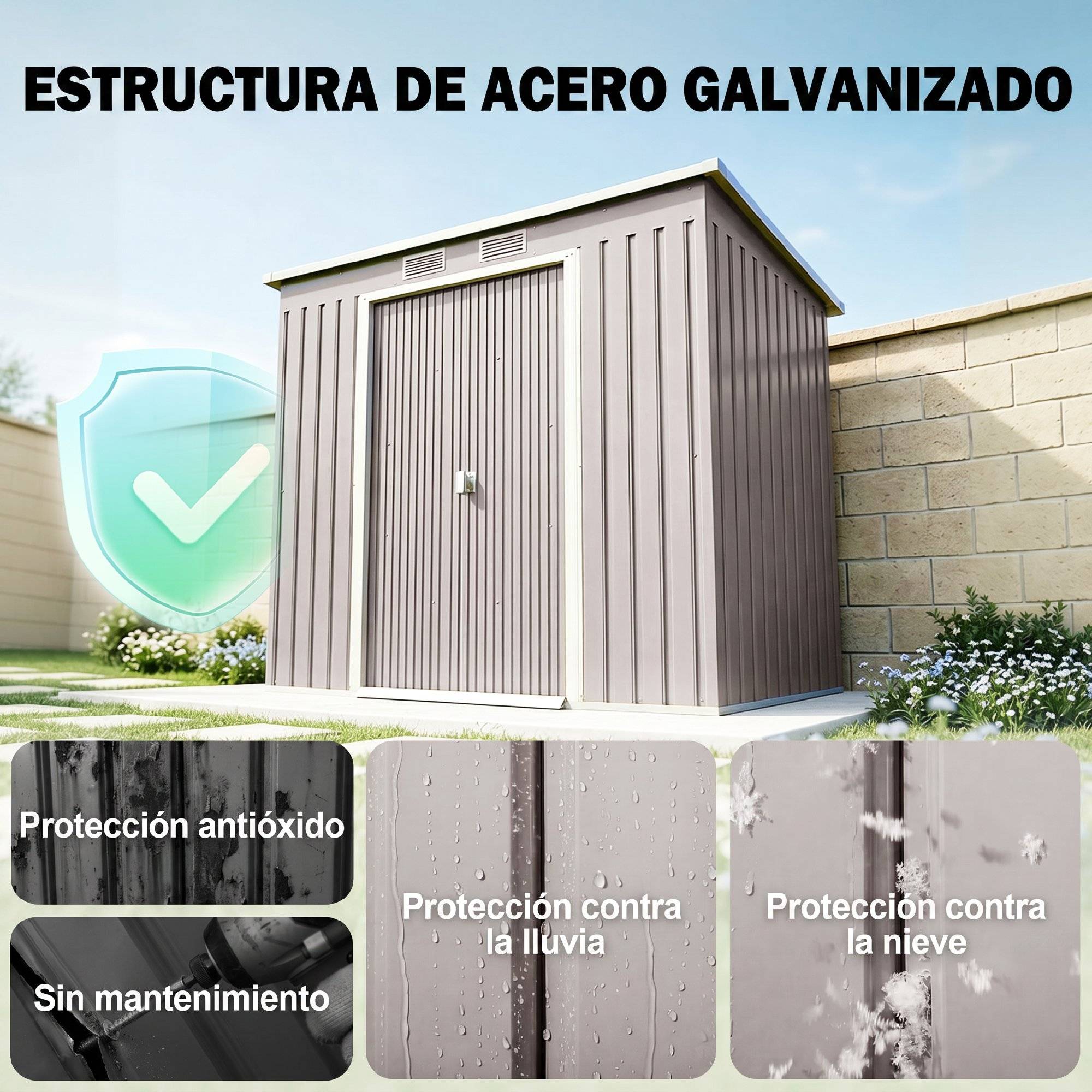 Abri de jardin extérieur 2,42 m² (213 x 130 x 172 cm) avec porte coulissante, toit en pente, base et 2 fenêtres, gris clair - Image 6