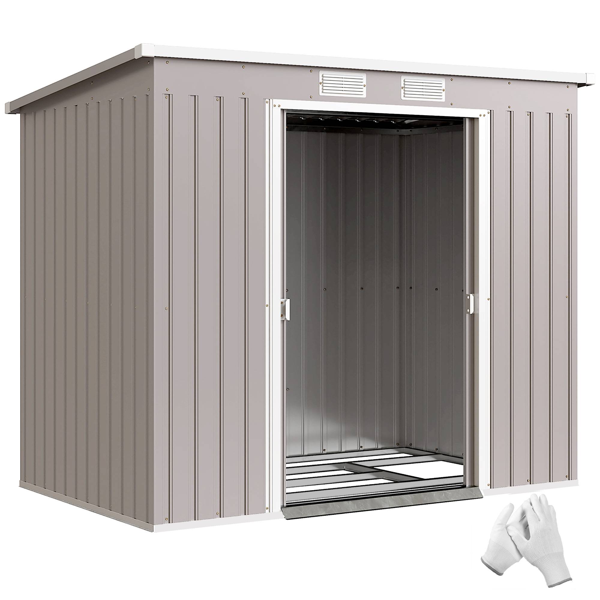 Abri de jardin extérieur 2,42 m² (213 x 130 x 172 cm) avec porte coulissante, toit en pente, base et 2 fenêtres, gris clair - Image 1