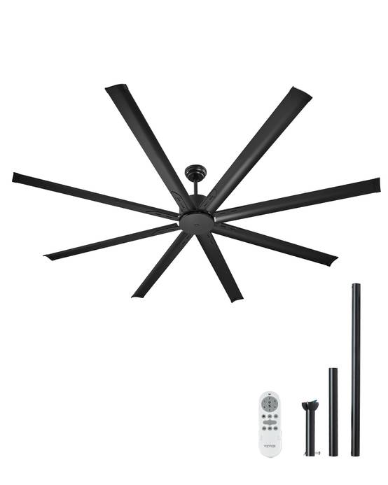 VEVOR Ventilateur plafond 214 cm, sans lumière. 8 pales alu, moteur CC réversible. Extérieur/intérieur, noir. - Image 1
