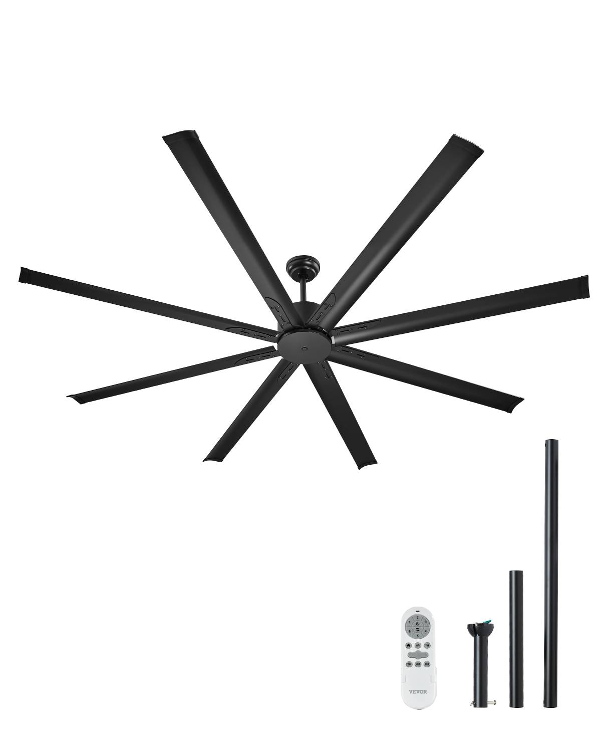 VEVOR Ventilateur plafond 214 cm, sans lumière. 8 pales alu, moteur CC réversible. Extérieur/intérieur, noir. - Image 1