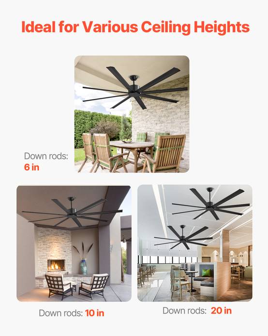 VEVOR Ventilateur plafond 214 cm, sans lumière. 8 pales alu, moteur CC réversible. Extérieur/intérieur, noir. - Image 6