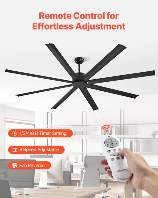 VEVOR Ventilateur plafond 214 cm, sans lumière. 8 pales alu, moteur CC réversible. Extérieur/intérieur, noir. - Image 5
