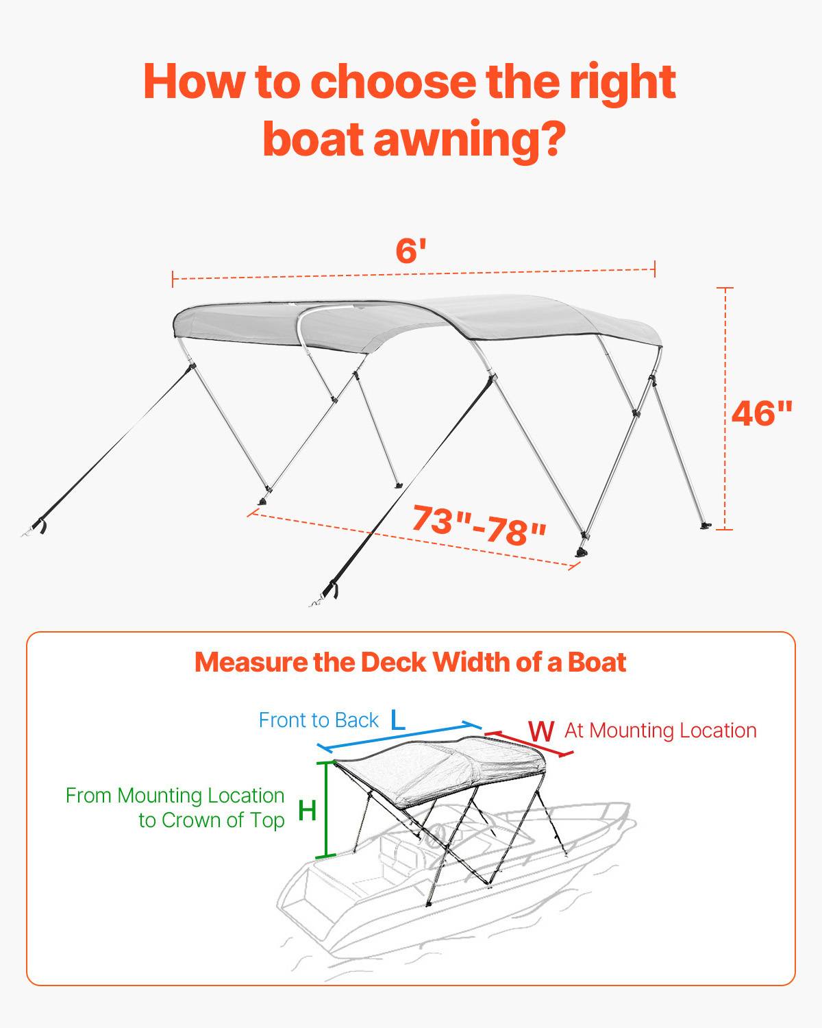 VEVOR Bimini bateau taud de soleil à 3 arceaux 185-198 cm en alu polyester gris - Image 5