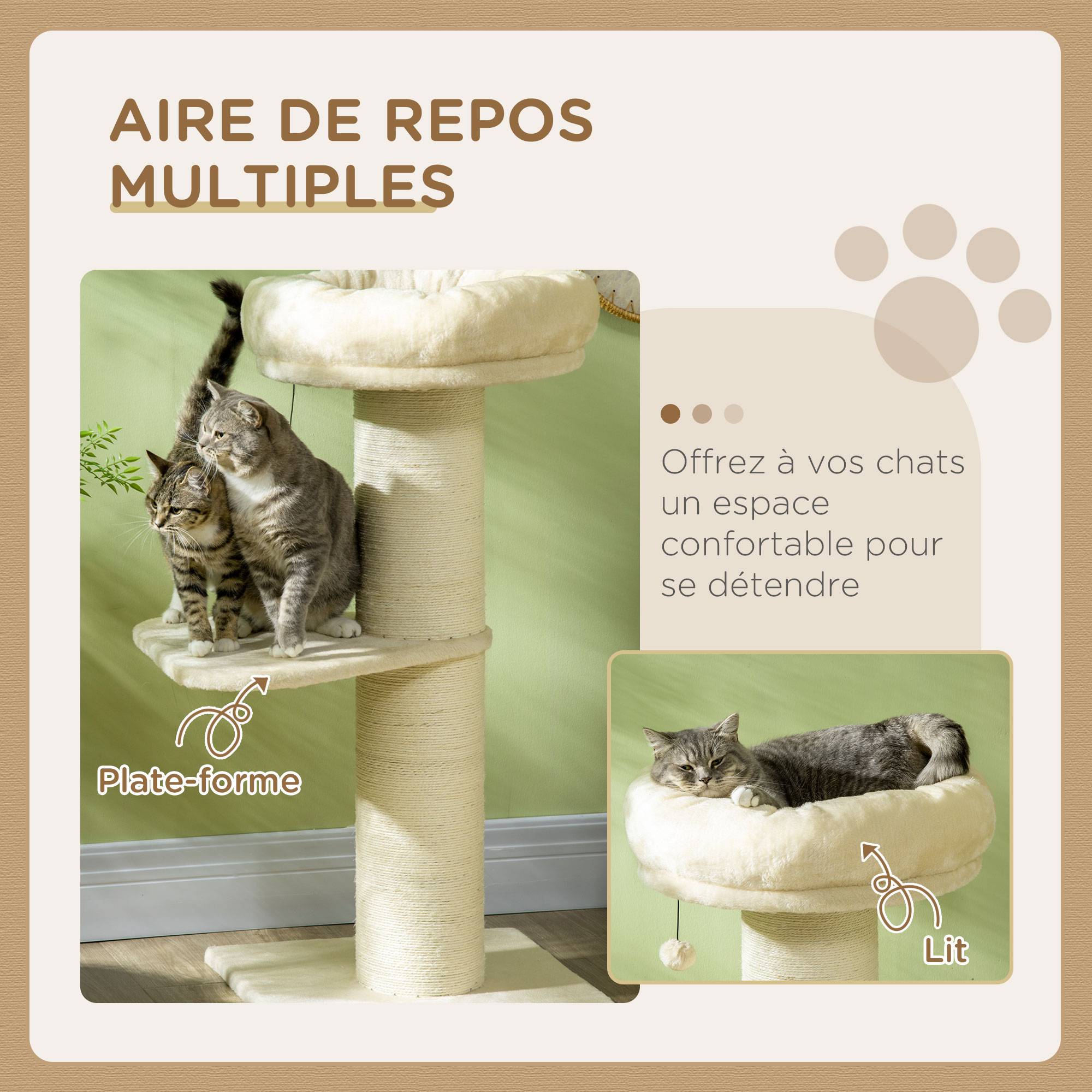 Pawhut - Arbre à chat griffoir sisal naturel 2 plateforme panier observation jeu boule suspendue peluche beige - Imagen 4