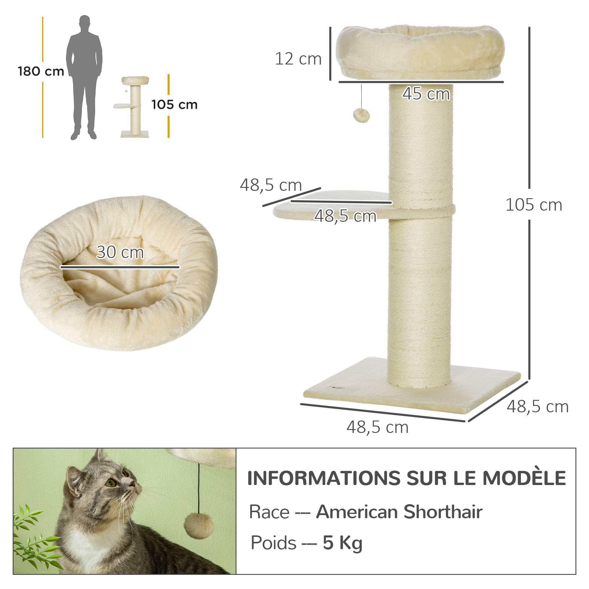 Pawhut - Arbre à chat griffoir sisal naturel 2 plateforme panier observation jeu boule suspendue peluche beige - Imagen 3