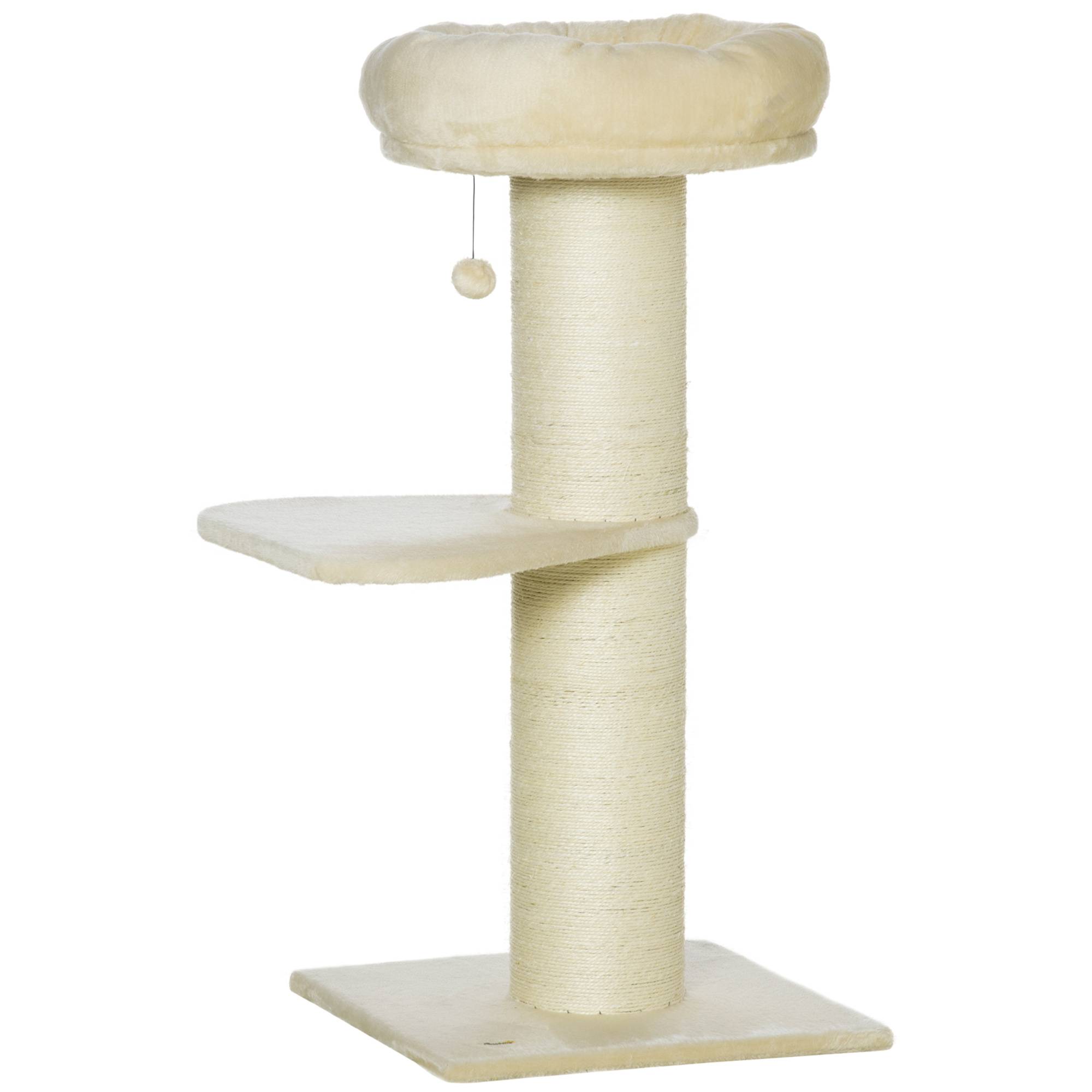 Pawhut - Arbre à chat griffoir sisal naturel 2 plateforme panier observation jeu boule suspendue peluche beige - Imagen 1