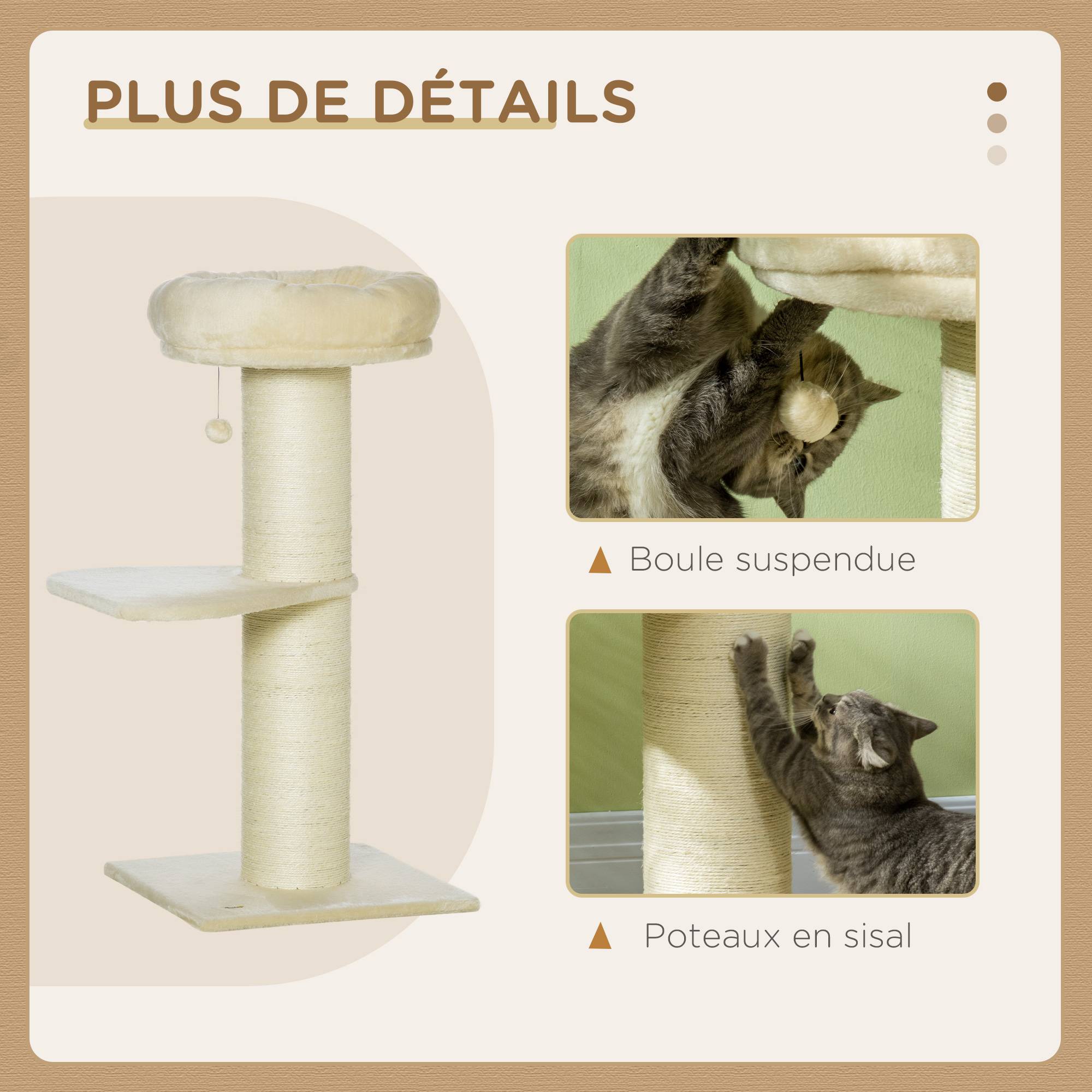 Pawhut - Arbre à chat griffoir sisal naturel 2 plateforme panier observation jeu boule suspendue peluche beige - Imagen 5