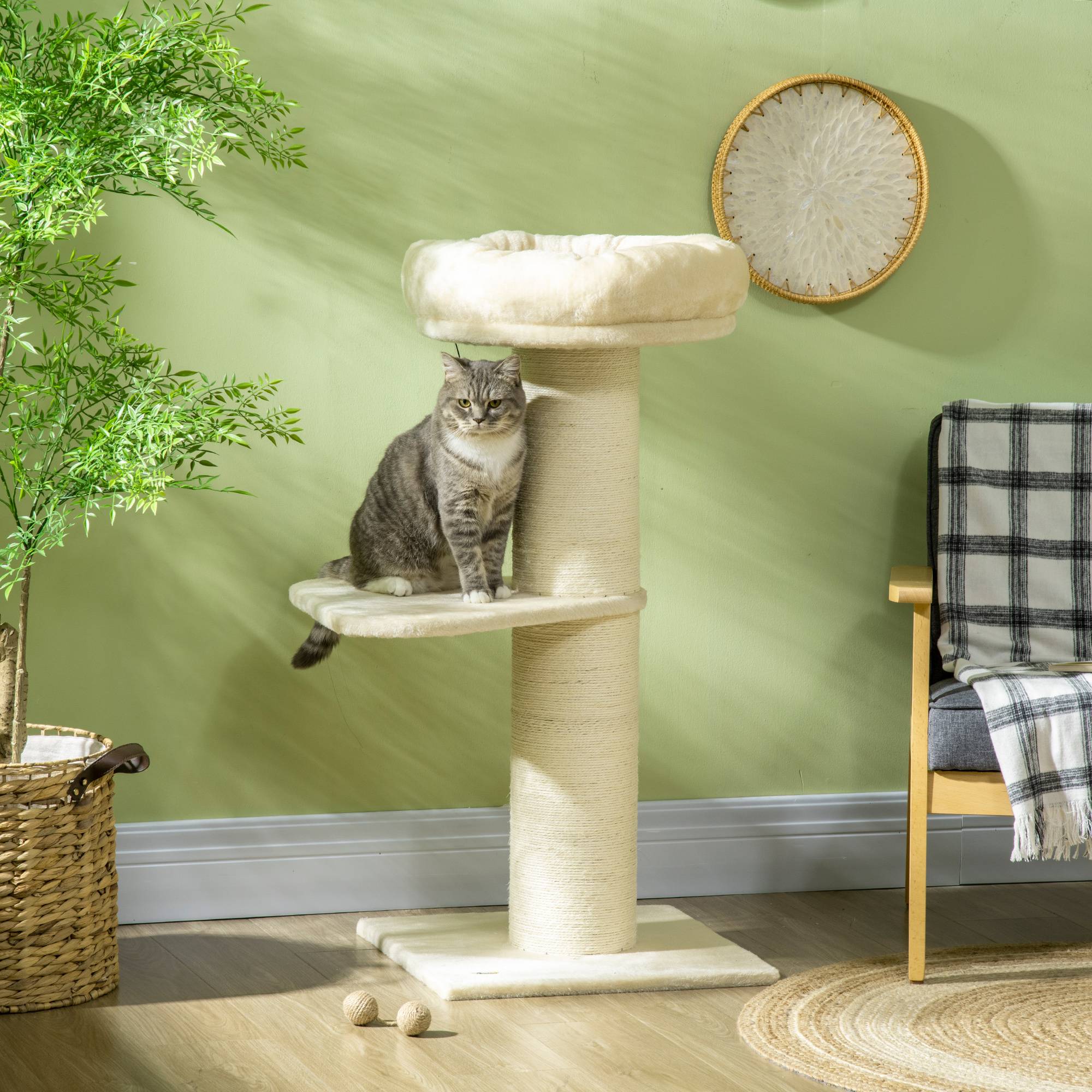 Pawhut - Arbre à chat griffoir sisal naturel 2 plateforme panier observation jeu boule suspendue peluche beige - Imagen 2