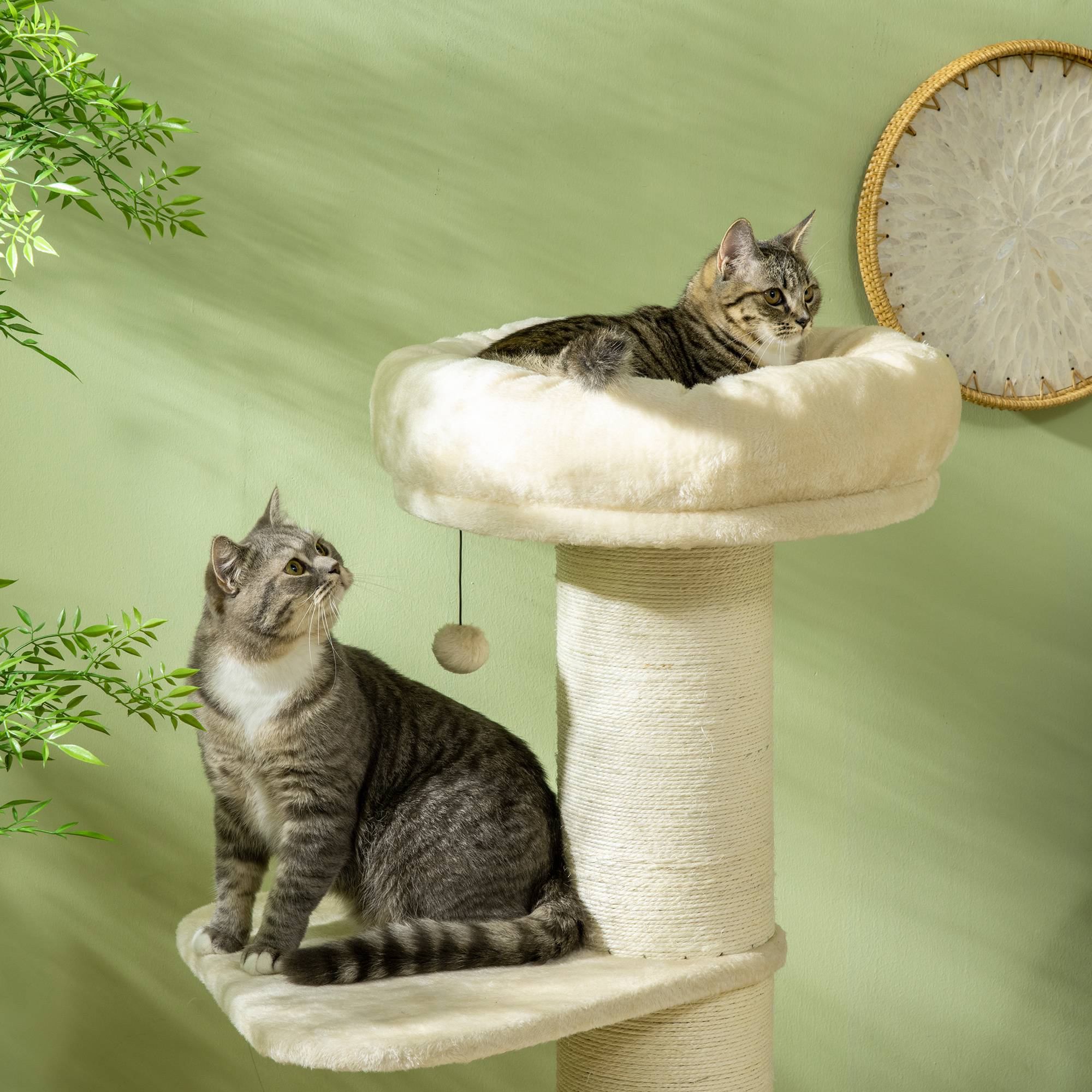 Pawhut - Arbre à chat griffoir sisal naturel 2 plateforme panier observation jeu boule suspendue peluche beige - Imagen 7