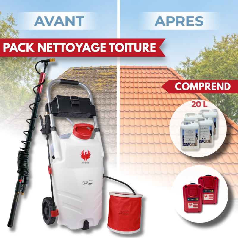 Pack PHOENIX Pulvérisateur Electrique 35L 2 Batteries + 20L Nettoyant Concentré Toiture et Façade + Perche Télescopique 5.4 Mètres