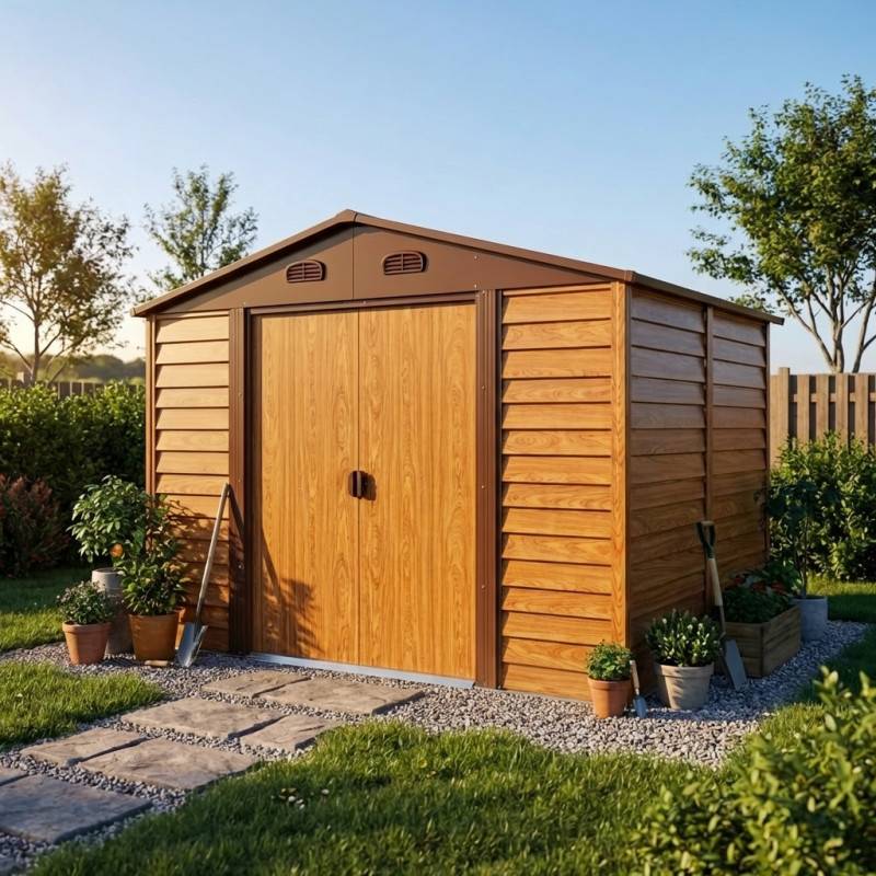 X-Metal - Abri de jardin métal 6,62m² imitation bois avec kit d'ancrage X-METAL marron - Image 1