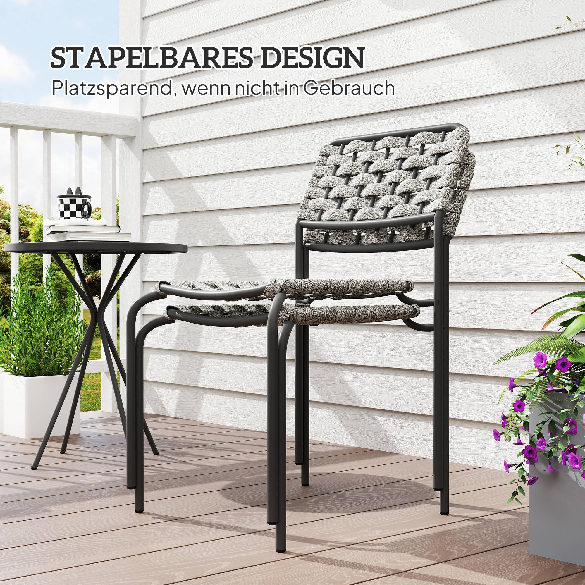 Salon de jardin polyrotin 3 pièces : 2 fauteuils + table, pour balcon, gris, résistant aux intempéries - Image 5