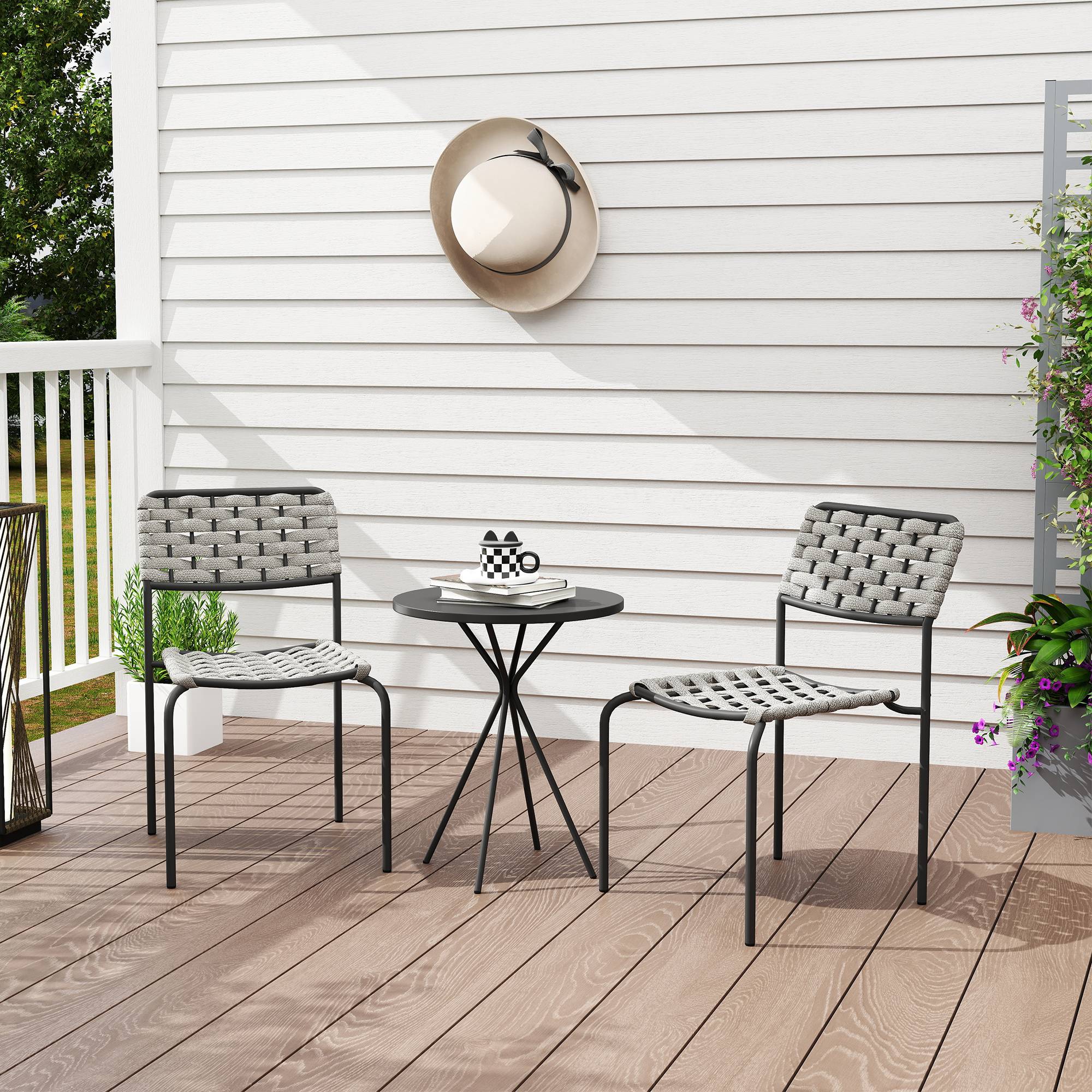 Salon de jardin polyrotin 3 pièces : 2 fauteuils + table, pour balcon, gris, résistant aux intempéries - Image 8