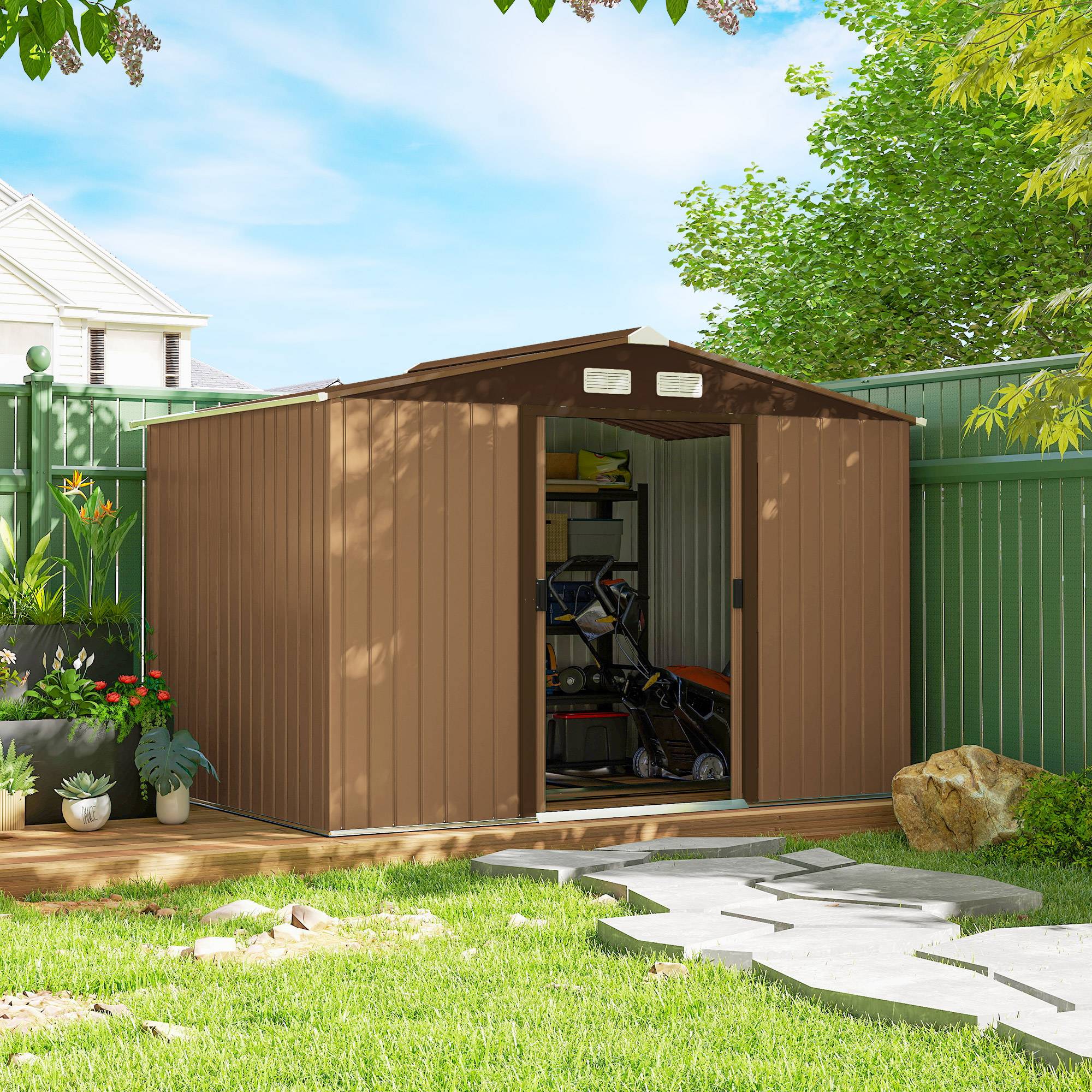 Abri de jardin 4,9 m² 277 x 195 x 192 cm avec 2 portes coulissantes, base renforcée (plancher non inclus), jaune - Image 3
