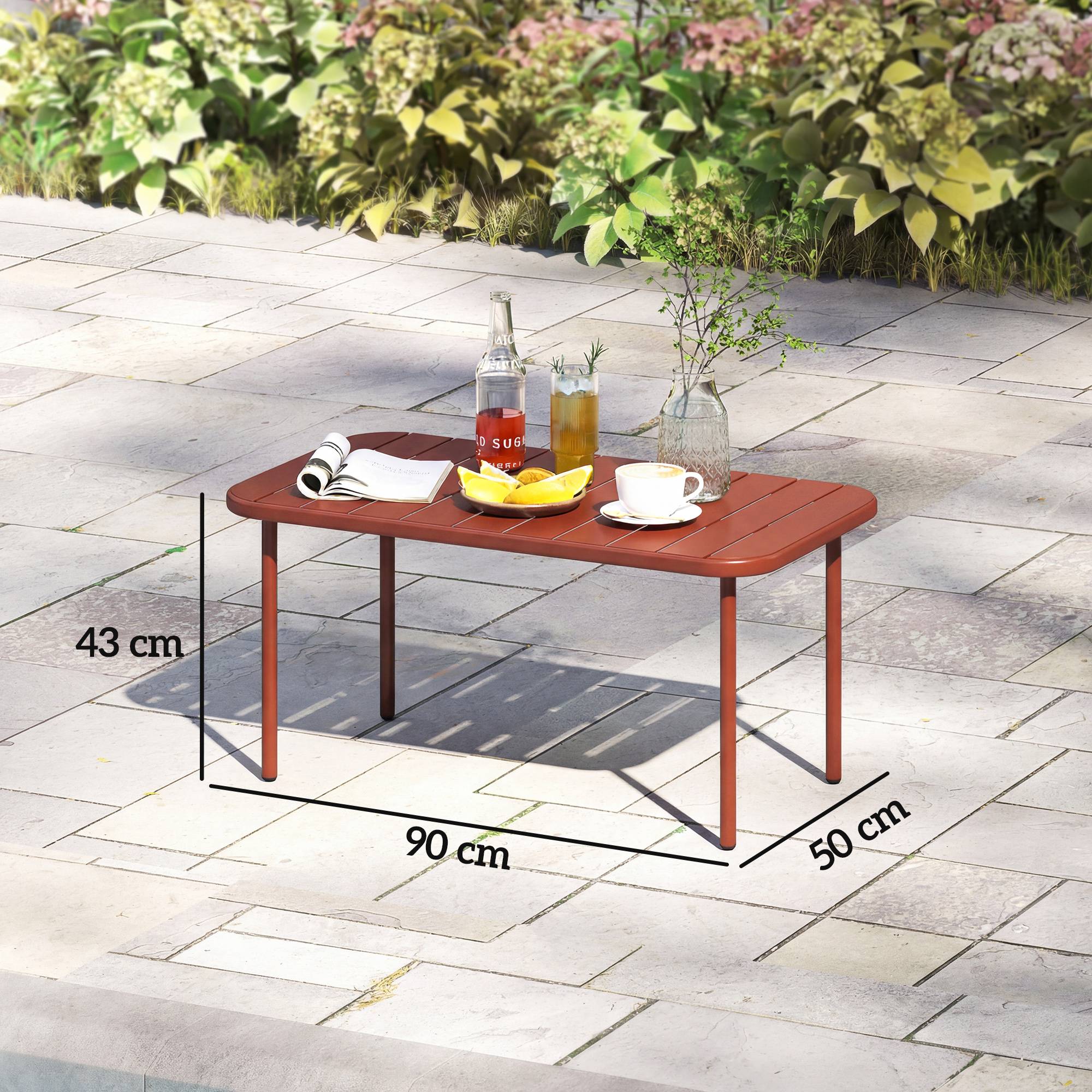 Table Basse Jardin Acier Galvanisé Terrasse Plateau Lattes 90x50x43cm Rouge - ComfortXL Outdoor Living - Image 5