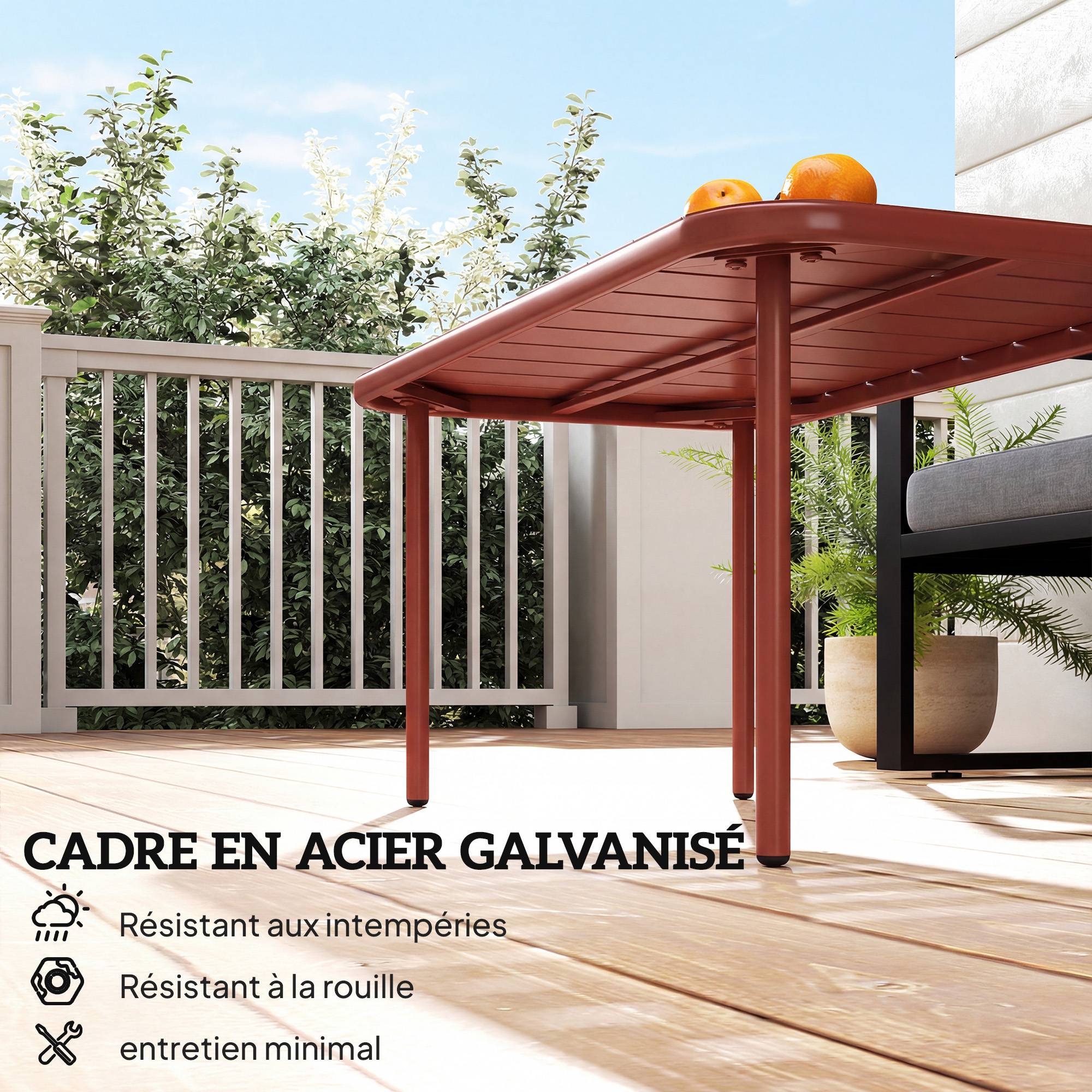 Table Basse Jardin Acier Galvanisé Terrasse Plateau Lattes 90x50x43cm Rouge - ComfortXL Outdoor Living - Image 6