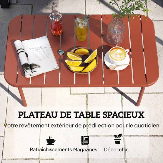 Table Basse Jardin Acier Galvanisé Terrasse Plateau Lattes 90x50x43cm Rouge - ComfortXL Outdoor Living - Image 8