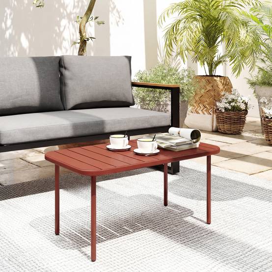 Table Basse Jardin Acier Galvanisé Terrasse Plateau Lattes 90x50x43cm Rouge - ComfortXL Outdoor Living - Image 10