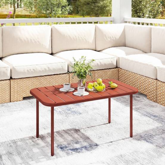 Table Basse Jardin Acier Galvanisé Terrasse Plateau Lattes 90x50x43cm Rouge - ComfortXL Outdoor Living - Image 3